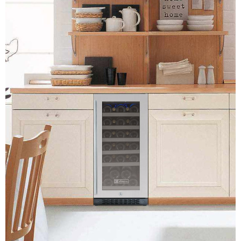 Luxury wine refrigerator with Tru-Vino precision temperature control and space-efficient design show built in under counter in kitchen