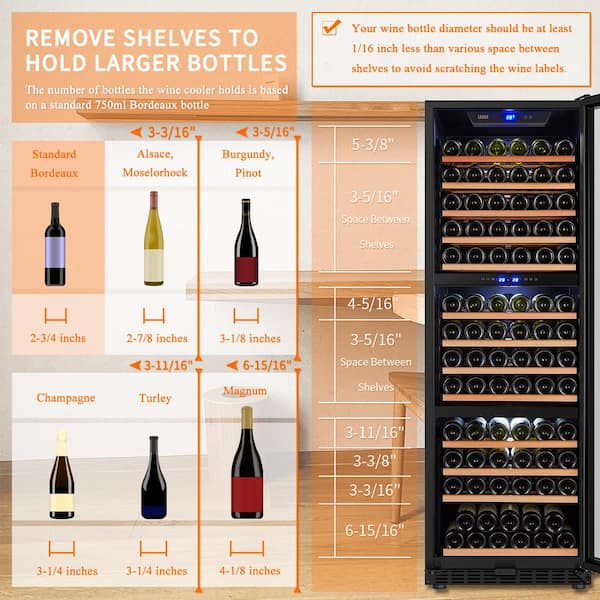 Close-Up of Beech Wood Roll-Out Shelves in Lanbo LW144T Wine Cooler – Smooth roll-out beech wood shelves on metal tracks for easy bottle access, highlighting premium wine storage features.