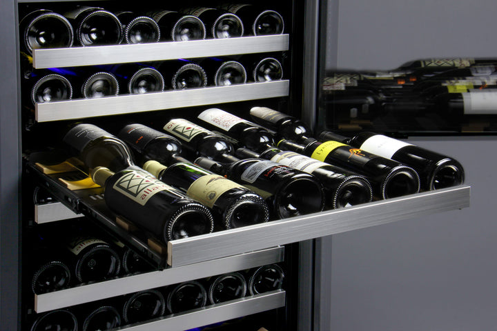 Allavino FlexCount II wine refrigerator with adjustable shelving system, accommodating various bottle sizes and shapes