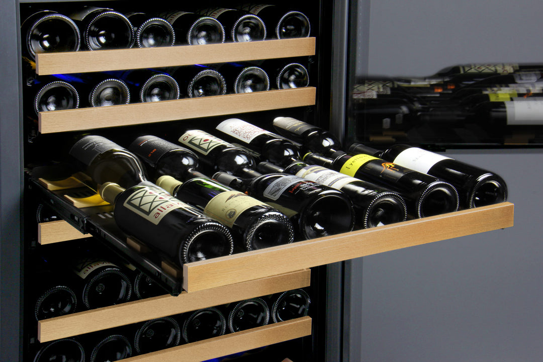 Pull-out shelves in the Allavino wine refrigerator showing various bottle sizes stored