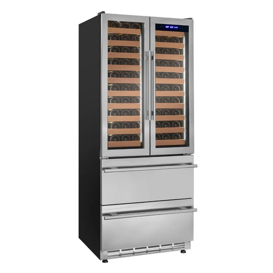 Stainless steel Wine cooler and beverage fridge with french doors and glass doors displaying bottles on a white background