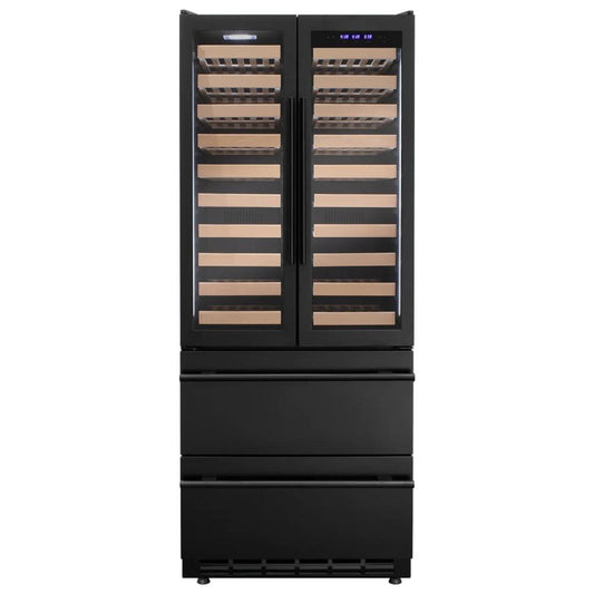 Black wine cooler and beverage center with glass french doors on a white background