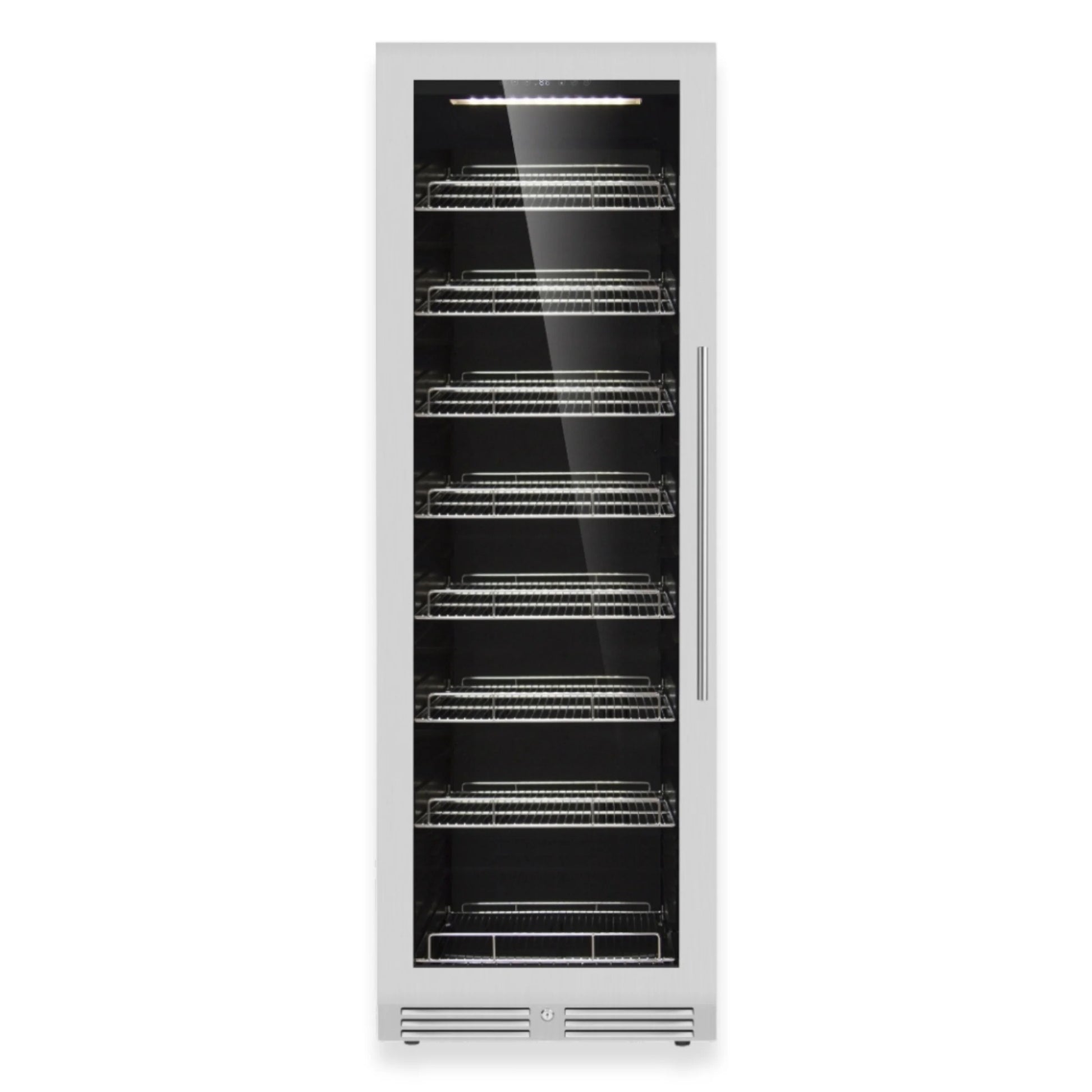 Tall stainless steel wine cooler with glass door on a white background