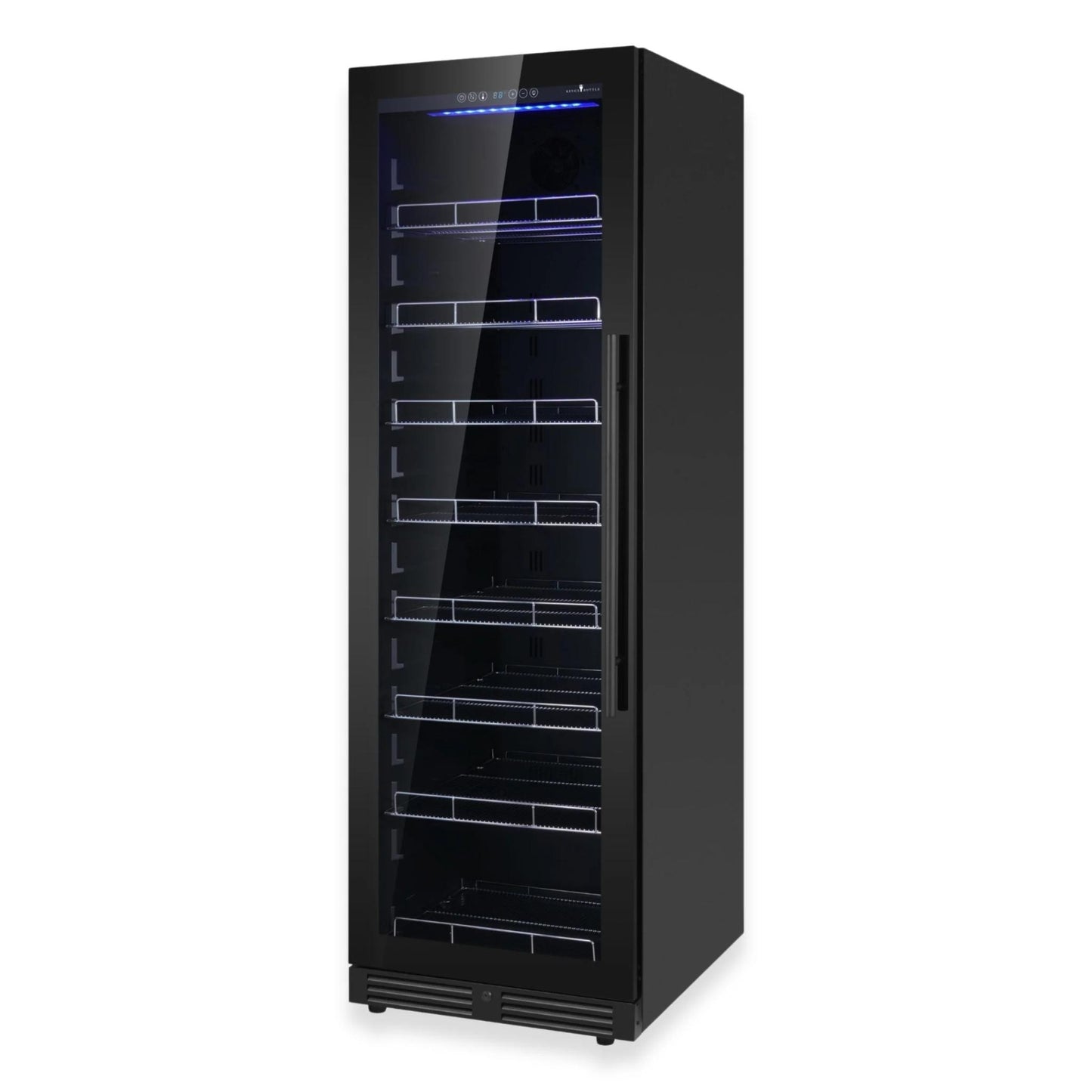 Energy-efficient black beverage cooler with Embraco Inverter Compressor on white background