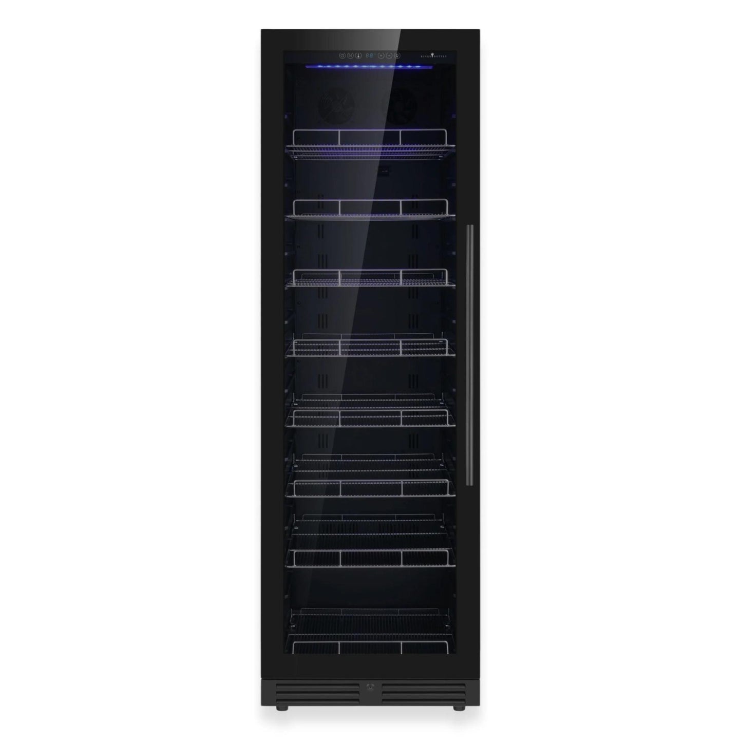 Front view black narrow and tall beverage refrigerator