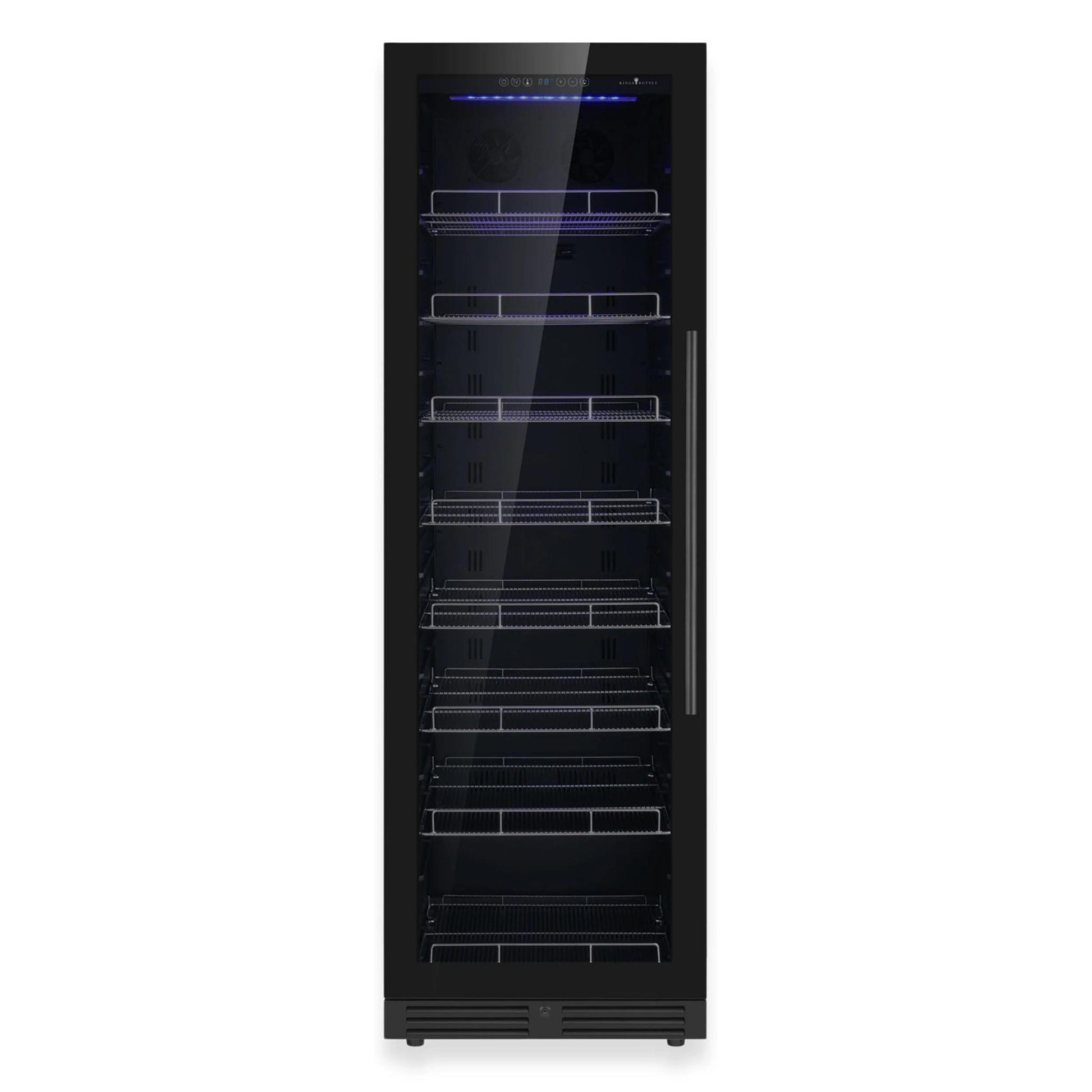 Front view black narrow and tall beverage refrigerator