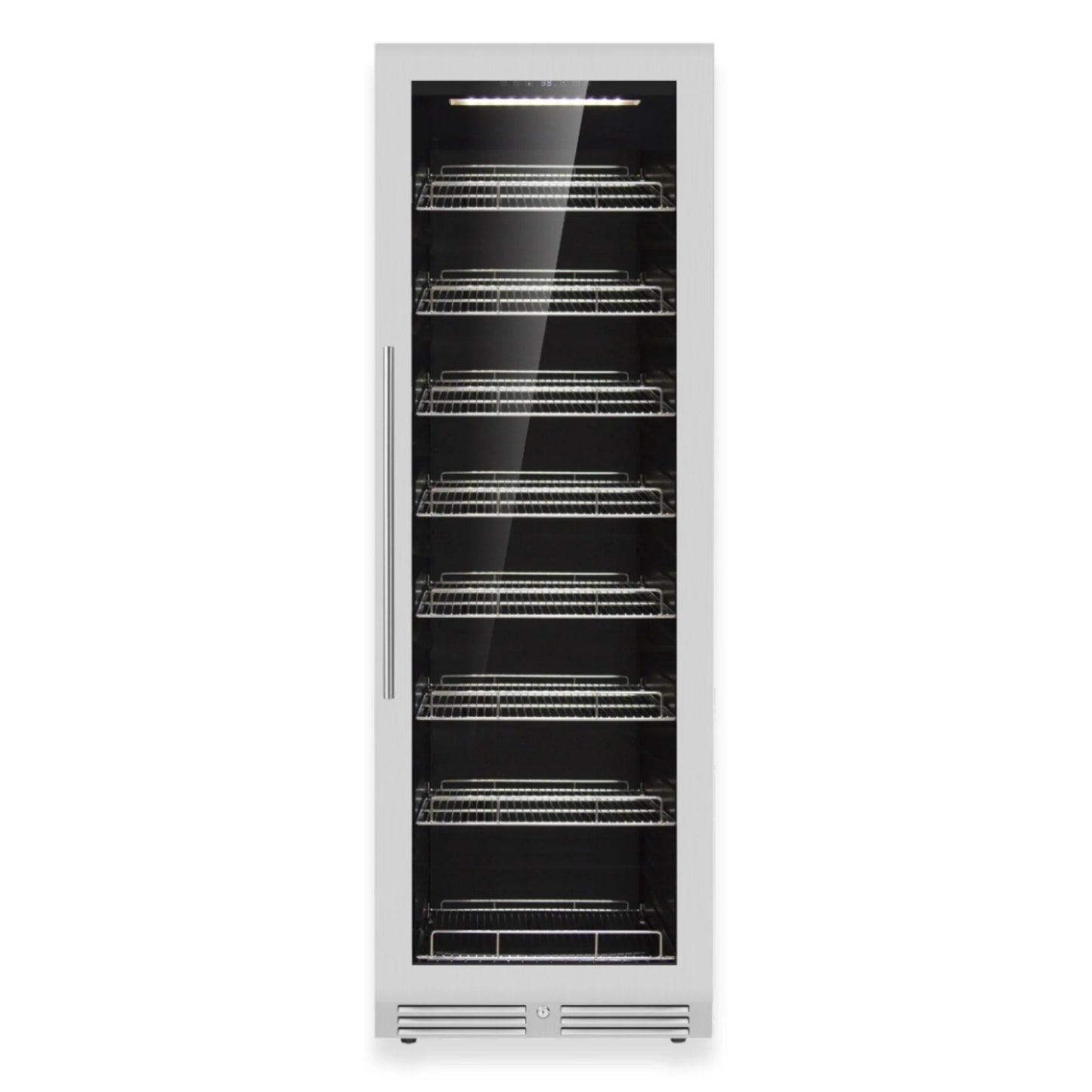 Tall stainless steel glass-fronted refrigerator with multiple shelves on a white background