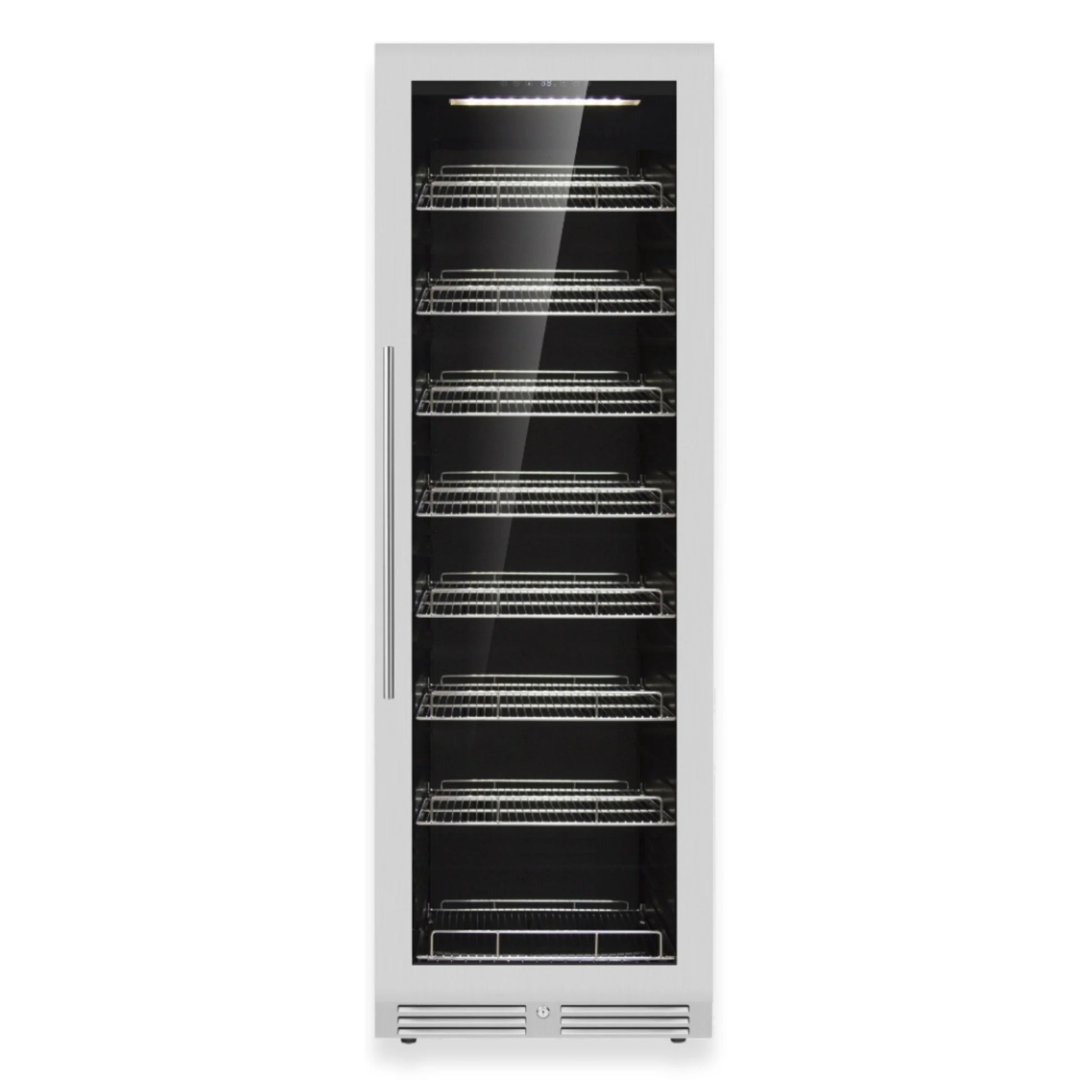 Tall stainless steel glass-fronted refrigerator with multiple shelves on a white background
