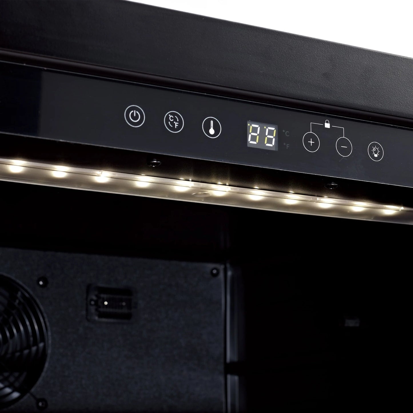 Control panel with illuminated buttons and display on a black appliance