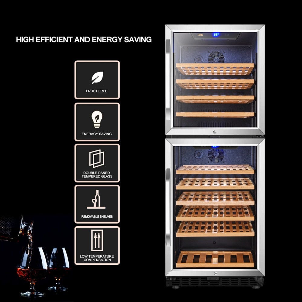 "Interior close-up of Lanbo wine cooler showing beech wood shelves on metal rails for easy access, and interior white LED lighting."