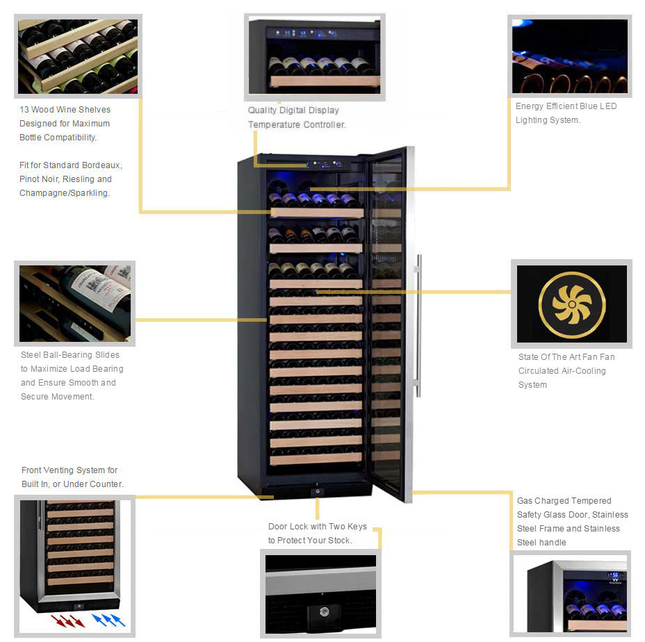 KingsBottle - 166 Bottle Stainless Steel Single Zone Wine Refrigerator, Right Hinge