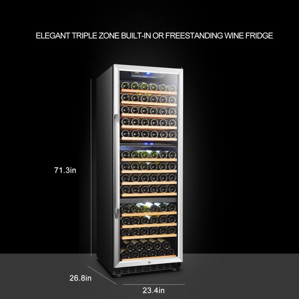 Lanbo LW144T Wine Cooler with Dimensions Displayed – Dimensions for the Lanbo 149-bottle wine cooler: 23.4 inches width, 26.8 inches depth, and 71.3 inches height, designed for built-in or freestanding use.