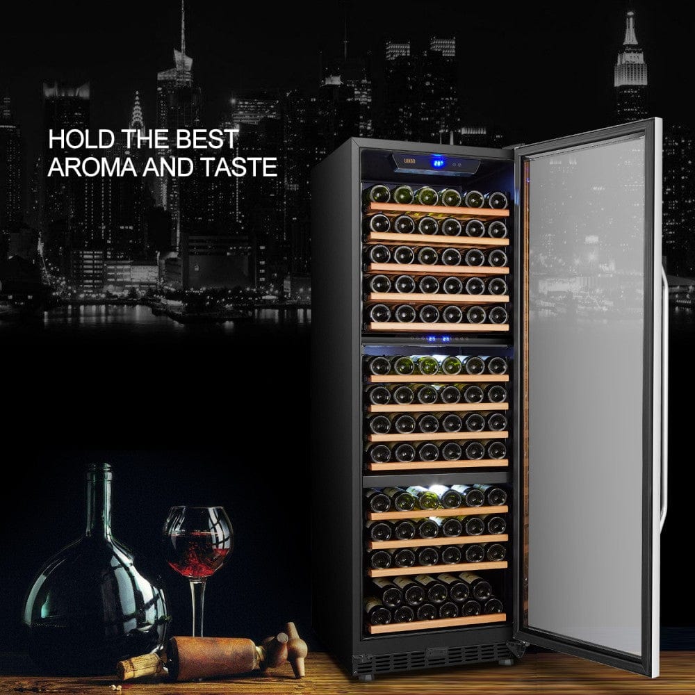 Interior Lighting in Lanbo LW144T Triple Zone Wine Cooler – Energy-efficient white LED lighting illuminating wine bottles on beech wood shelves, automatically turning off after 10 minutes.