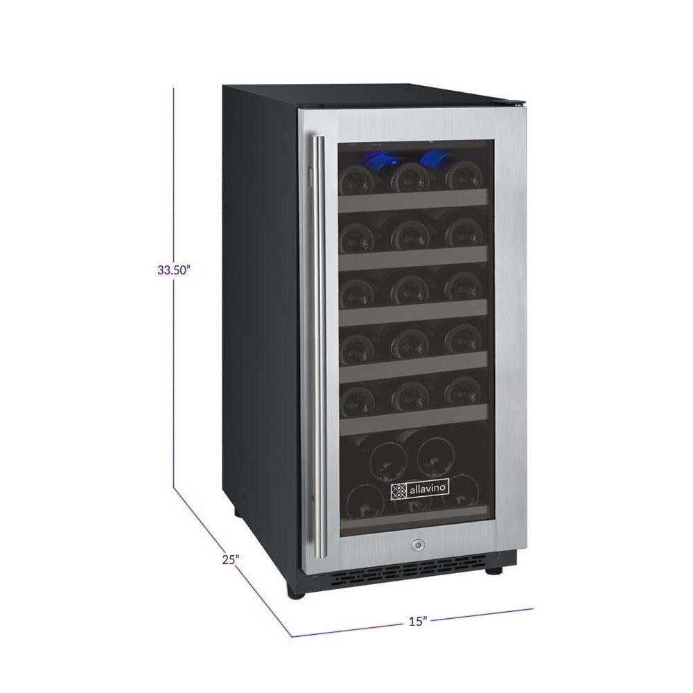 Allavino 15” FlexCount II Tru-Vino Single Zone 30 Bottle Wine Refrigerator - Stainless Steel Right Hinge