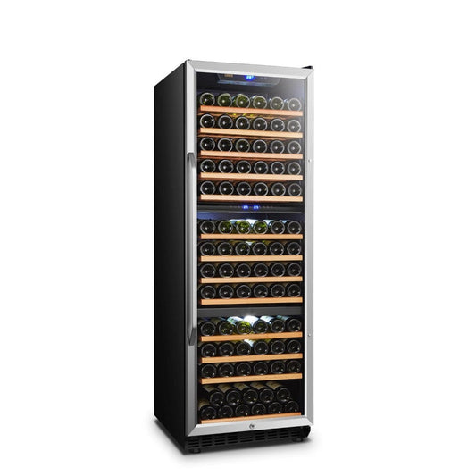 Front View of Lanbo LW144T 149-Bottle Triple Zone Wine Cooler – A luxurious triple-zone wine cooler with a stainless steel frame, reversible tinted glass door, and white LED interior lighting, holding up to 149 bottles.