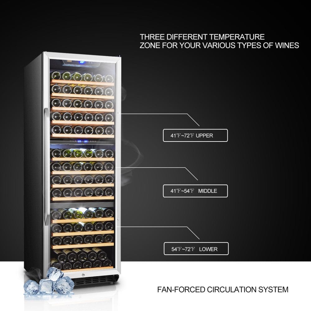 Triple-Zone Temperature Control on Lanbo LW144T Wine Cooler – Digital control panel displaying three temperature zones for red, white, and sparkling wines with adjustable ranges from 41°F to 72°F.