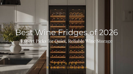 A bright, modern kitchen interior with a built-in wine fridge softly illuminated, filled with wine bottles on wooden shelves