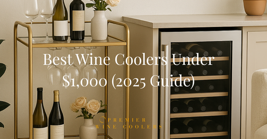 Built in under counter wine fridges next to gold bar cart with wine bottles
