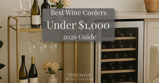 Built-in wine cooler beside a wine cart in a neutral home bar, featuring the title “Best Wine Coolers Under $1,000: 2026 Guide.”