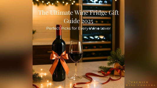 Luxury holiday kitchen with a wine fridge and a bottle of wine wrapped with a ribbon — perfect gift for wine lovers