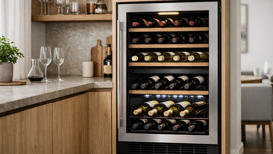 Modern home bar with a multi-zone wine fridge showing separate storage areas for red, white, and sparkling wine.