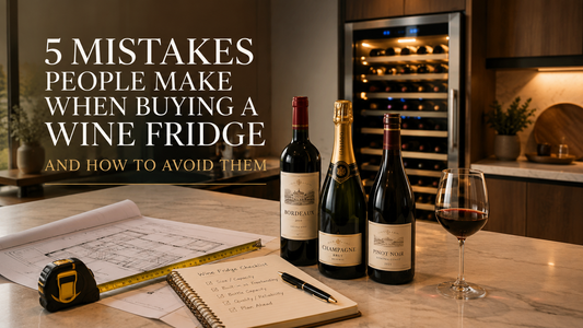 Luxury built-in wine refrigerator with wine bottles, kitchen renovation plans, and measuring tape illustrating common wine fridge buying mistakes.