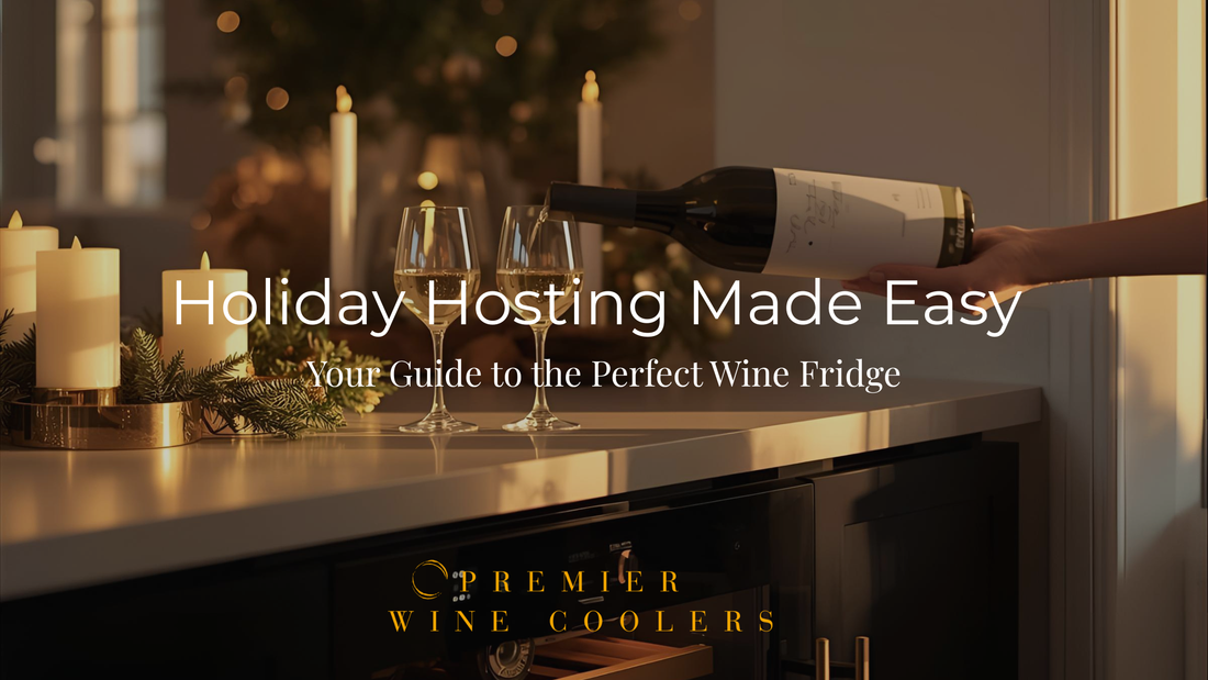 Modern holiday kitchen with built-in wine fridge, wine glasses, and soft golden lighting creating an elegant hosting atmosphere