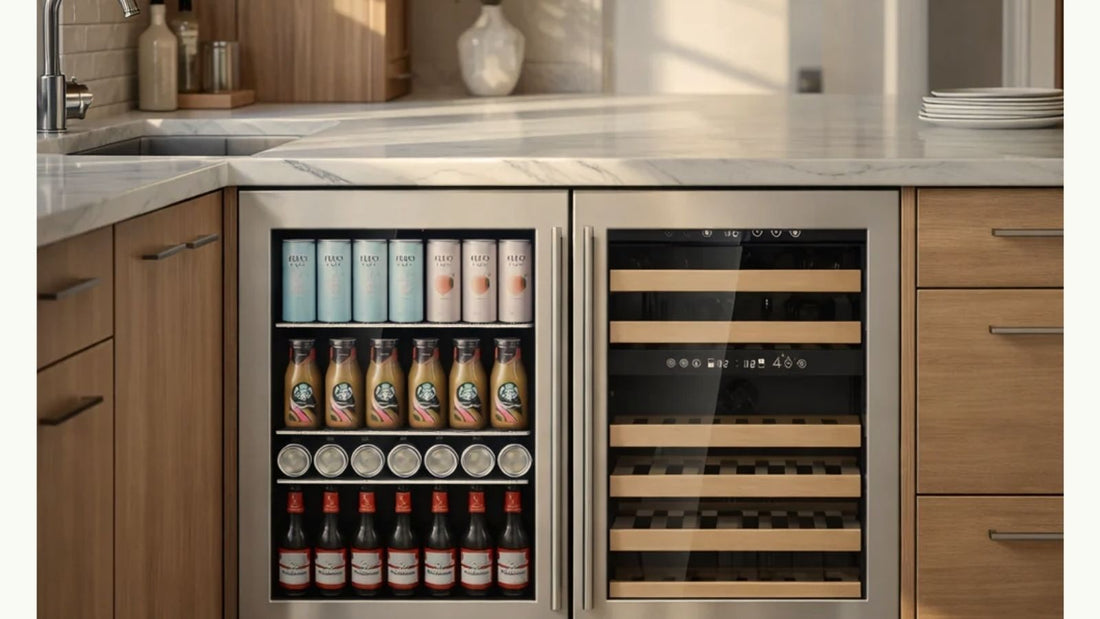 Side-by-side beverage fridge and wine fridge in a modern kitchen showing vertical can storage and horizontal wine bottle storage.