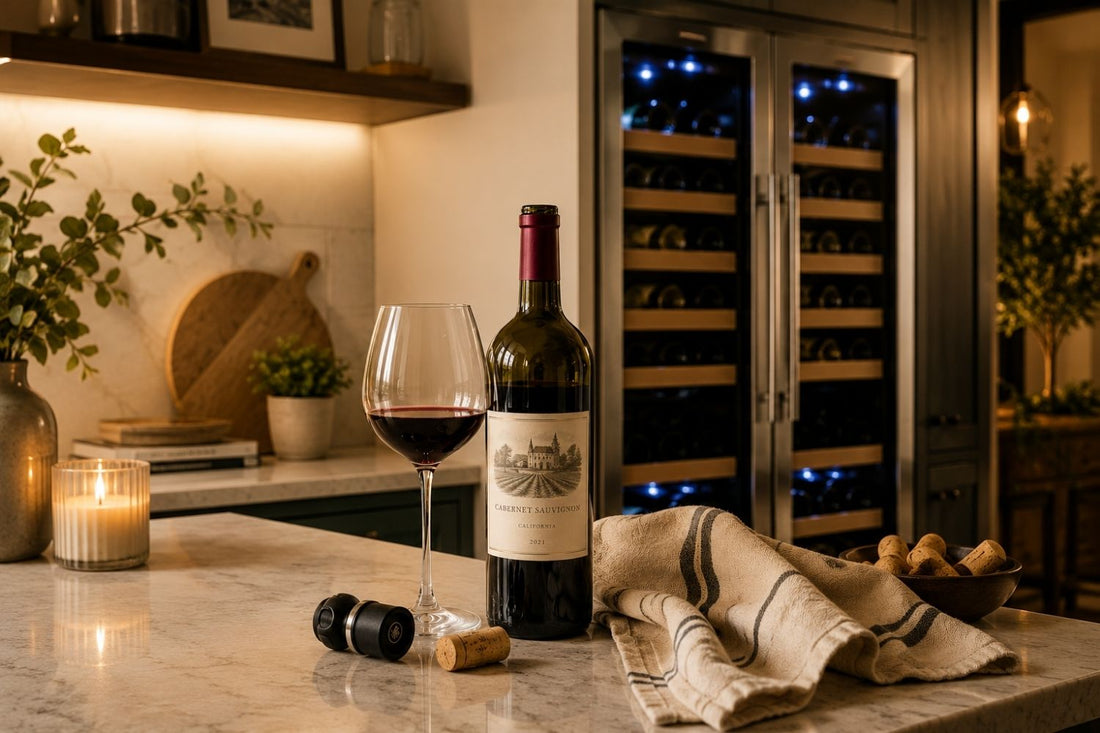 Warm modern kitchen with a glass of red wine, open Cabernet Sauvignon bottle, wine preservation stopper, and stainless steel dual zone wine fridge glowing softly in the background.