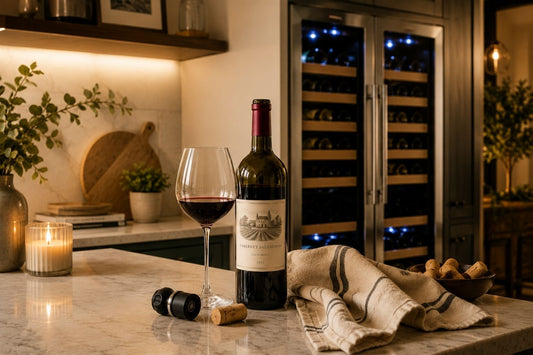 Warm modern kitchen with a glass of red wine, open Cabernet Sauvignon bottle, wine preservation stopper, and stainless steel dual zone wine fridge glowing softly in the background.