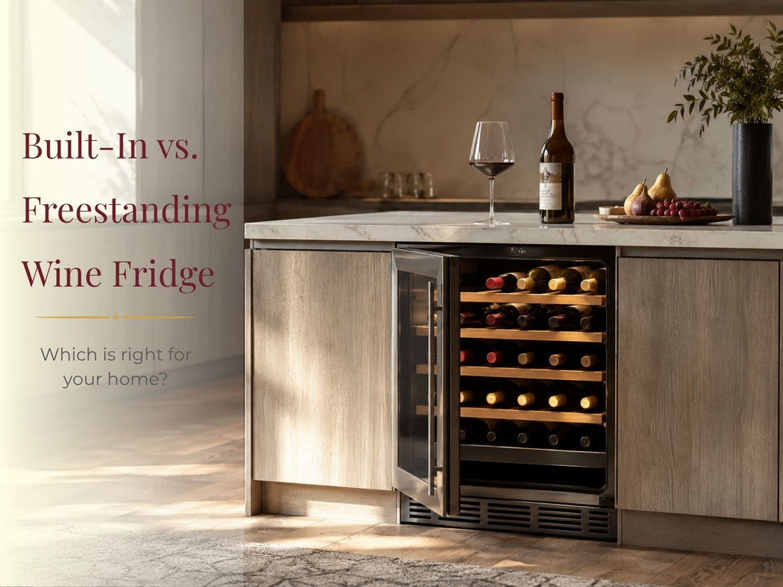 Modern kitchen featuring a built-in wine fridge installed beneath a marble countertop with an open door, bottle of wine, and wine glass, illustrating built-in wine storage in a contemporary home.