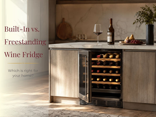 Modern kitchen featuring a built-in wine fridge installed beneath a marble countertop with an open door, bottle of wine, and wine glass, illustrating built-in wine storage in a contemporary home.