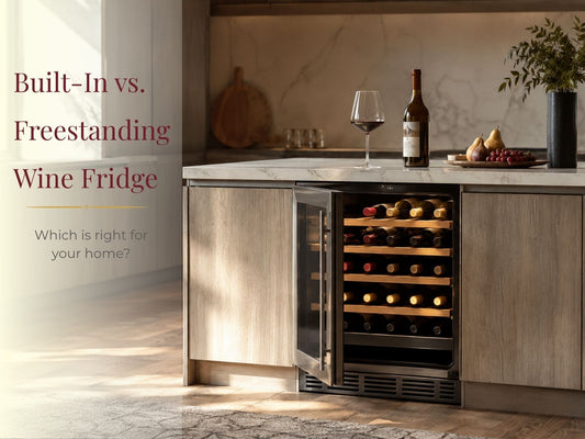 Modern kitchen featuring a built-in wine fridge beneath a marble countertop with an open door, wine bottle, and glass, illustrating built-in wine storage in a contemporary home.