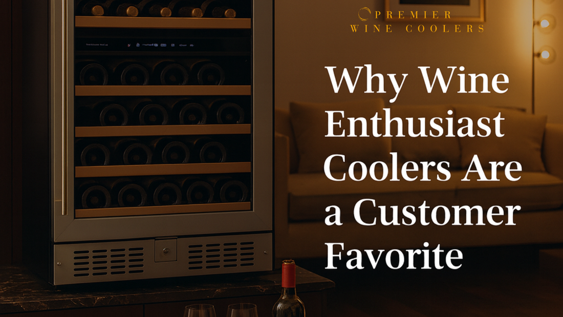 Wine Enthusiast wine cooler in warm living room setting