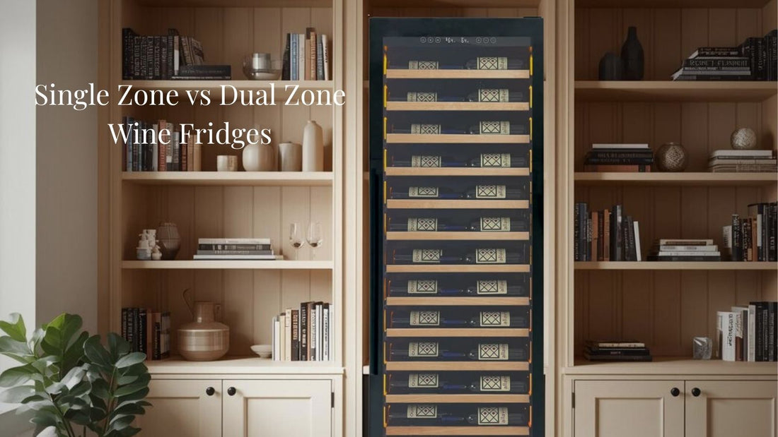 Built-in living room shelving featuring a wine fridge, used as a hero image for a guide comparing single and dual zone wine fridges.