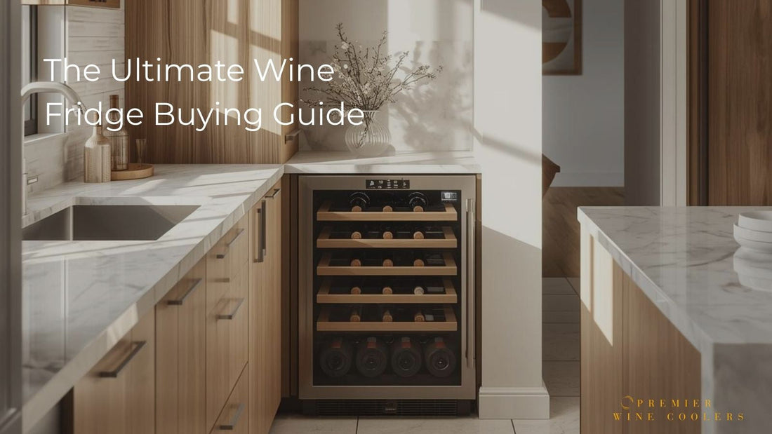 A bright, inviting modern kitchen with a built-in wine fridge under the counter. Soft natural light, warm wood accents, marble or light stone countertops.