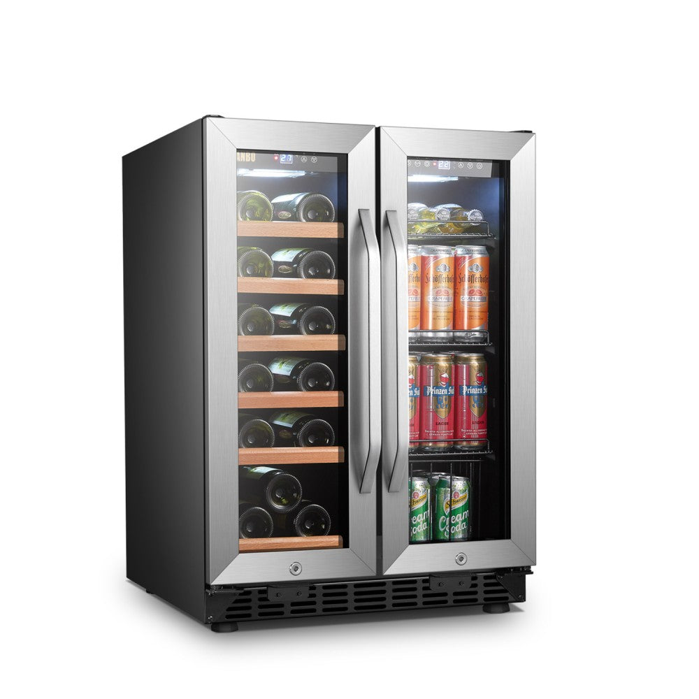 Lanbo 24 Inch Wine and Beverage Cooler with dual temperature zones and sleek stainless steel finish