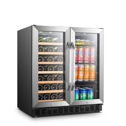 LanboPro 30 Inch dual-zone wine and beverage cooler with French doors and stainless steel finish