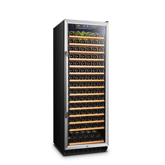 Side view of the Lanbo wine cooler showing its black cabinet and stainless steel-trimmed door.