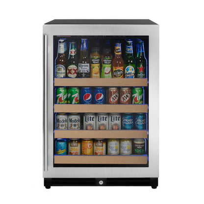 Built-in stainless steel beverage center with right-hinged glass door