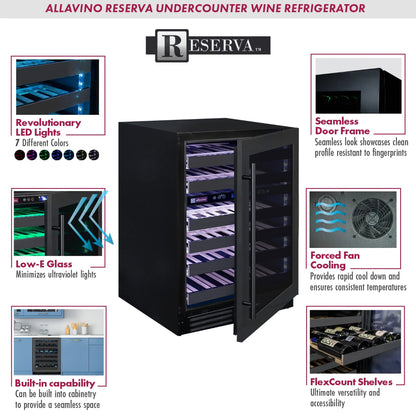 Compact and stylish Reserva Series Dual Zone Wine Cooler with dimensions: 24.0" W × 34.0" H × 23.5" D, perfect for undercounter or freestanding use.