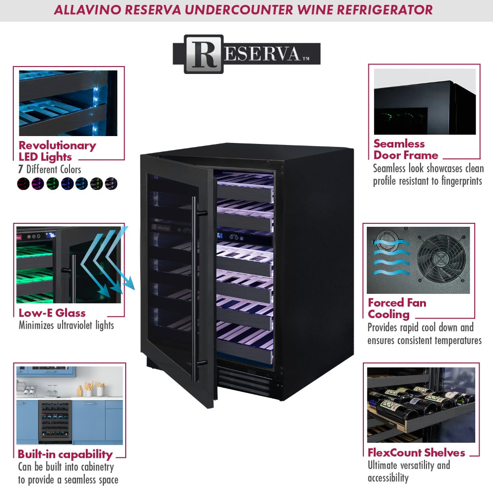 Allavino Reserva Series 50 Bottle 34” Tall Dual Zone Wine Cooler Refrigerator - Black Stainless Steel, Left Hinge