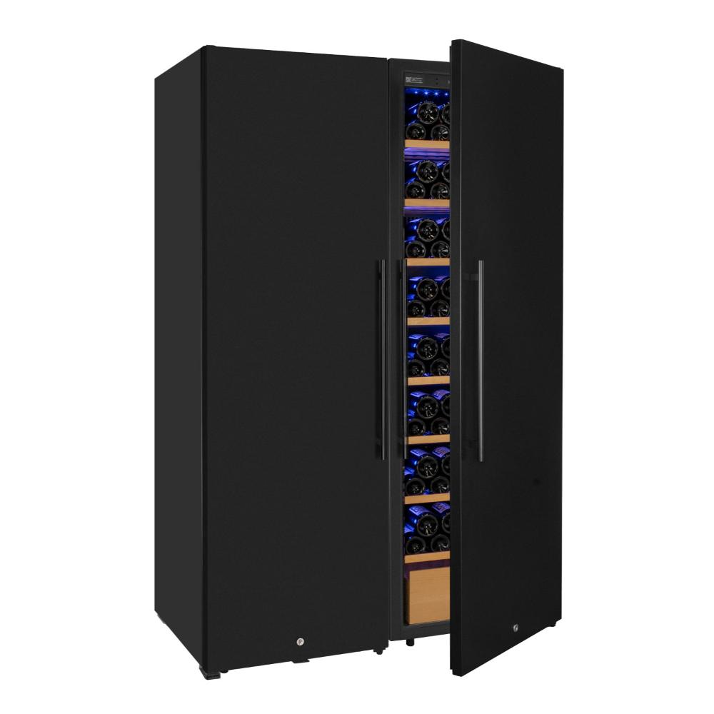 Black wine cooler with open door displaying wine bottles on a white background