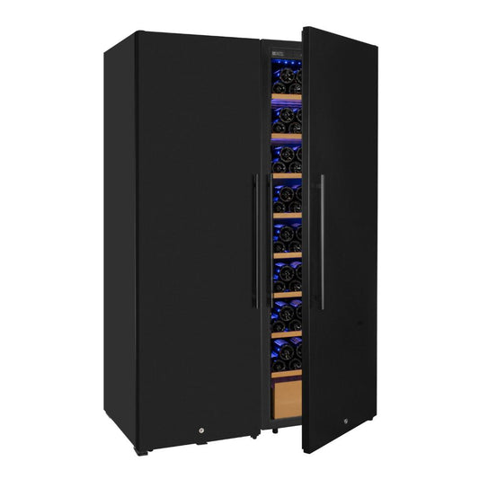 Black wine cooler with open door displaying wine bottles on a white background