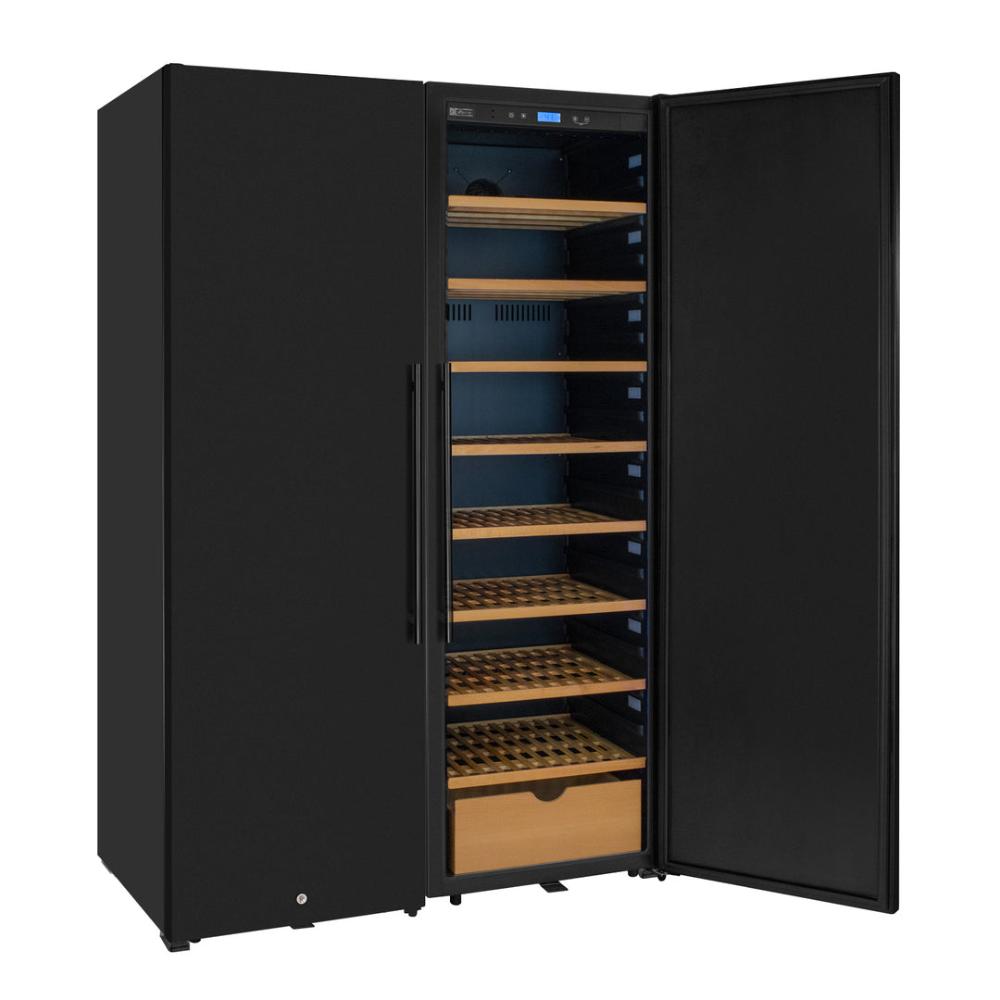 Black wine cooler with open doors showing wooden shelves and wine bottles inside.