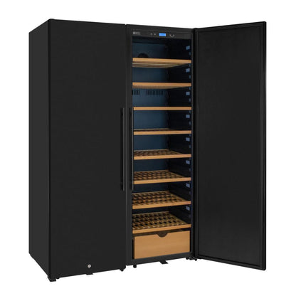 Black wine cooler with open doors showing wooden shelves and wine bottles inside.
