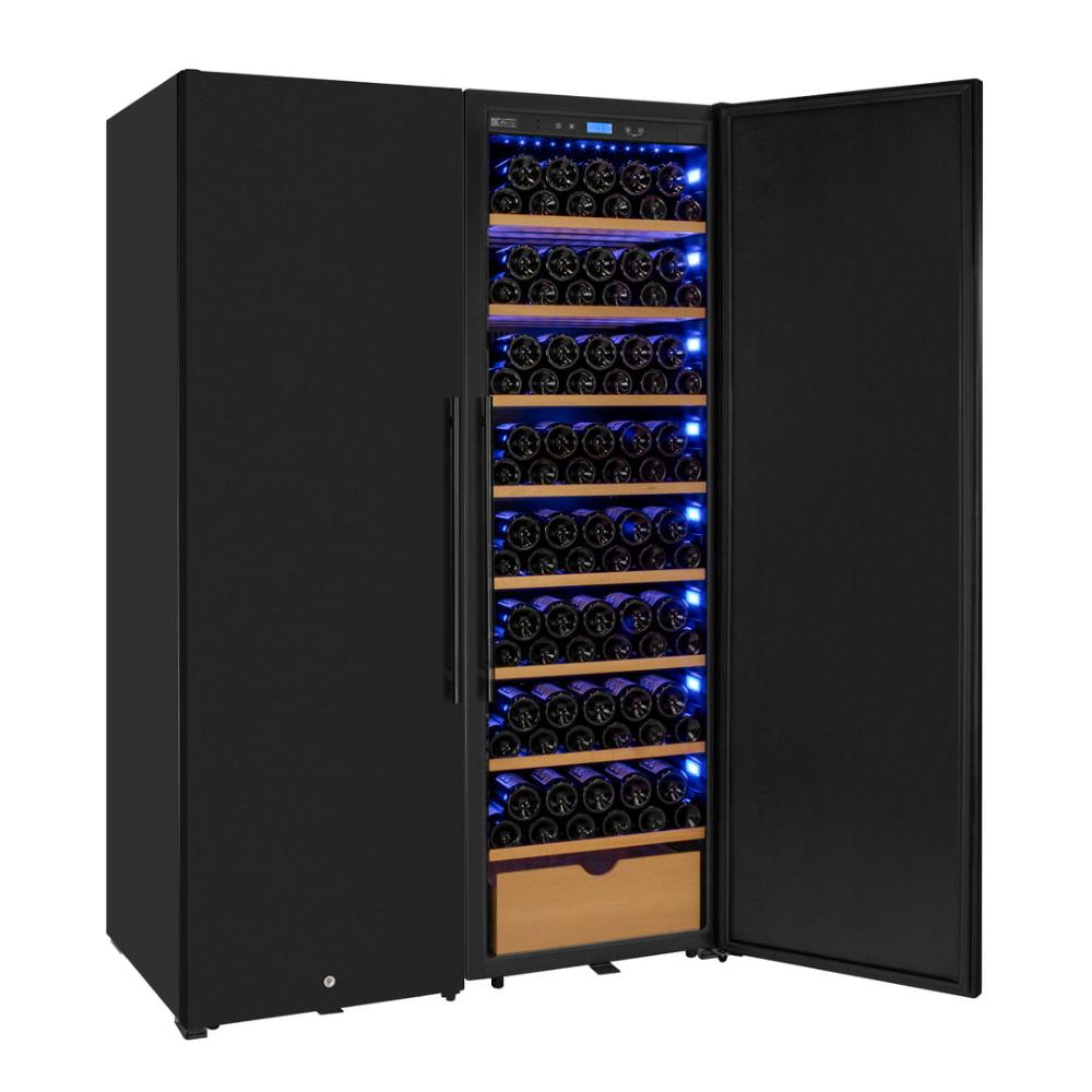 Black wine cooler with open door displaying rows of wine bottles on a white background