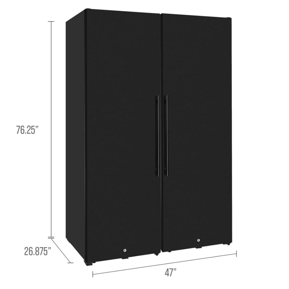 Black double-door refrigerator with dimensions labeled on a white background