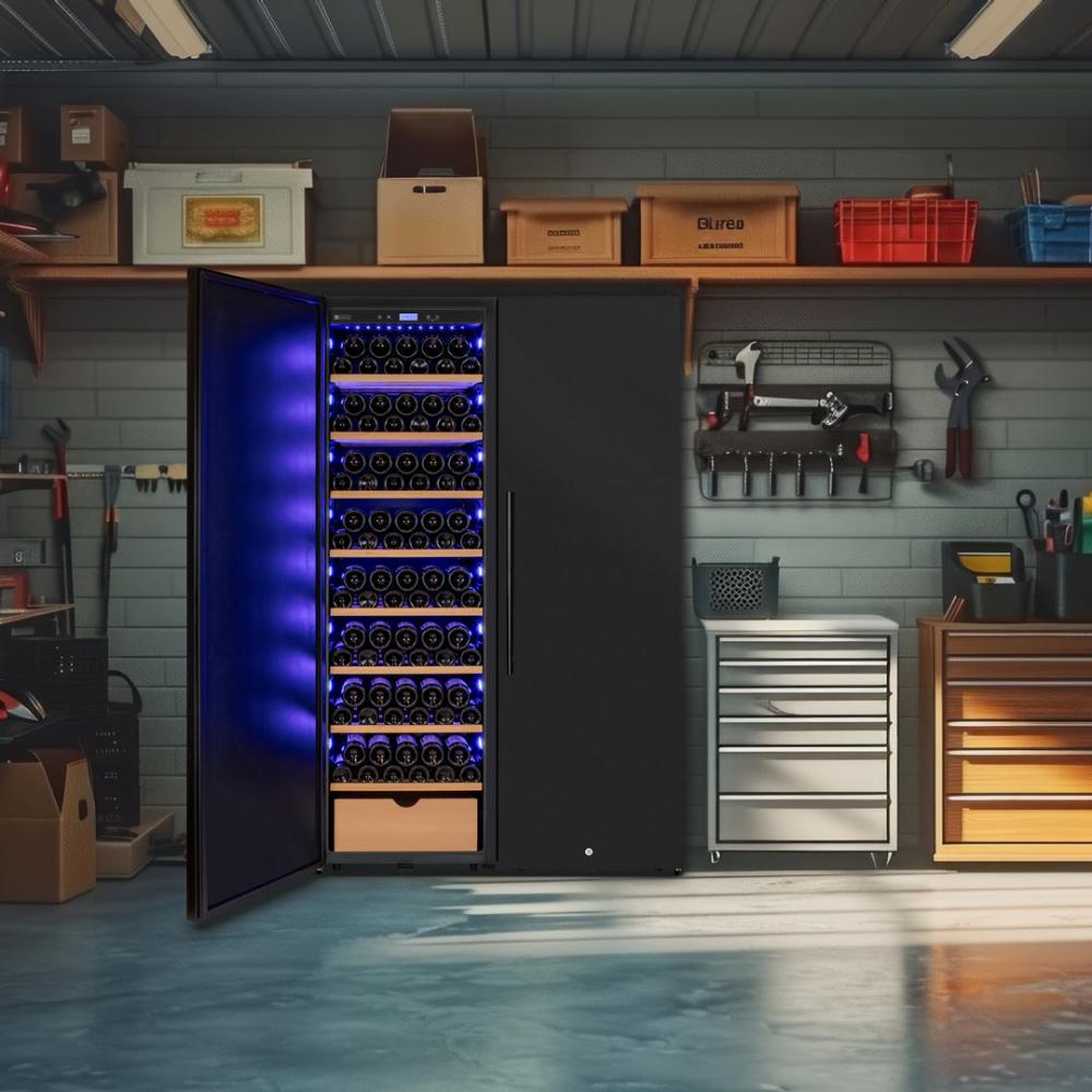 Wine cooler with open door in a garage setting