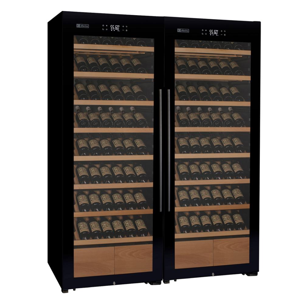 Large capacity dual-zone wine cooler with black French doors